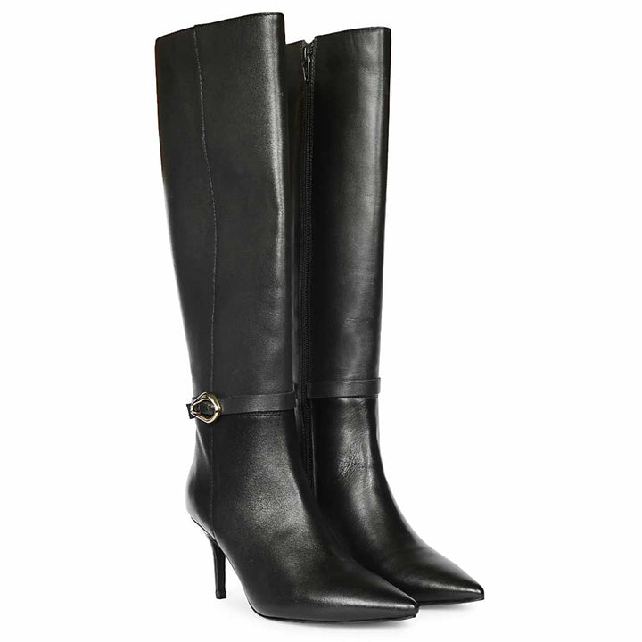 Saint Blair Ring Buckle Black Leather Knee High Boots