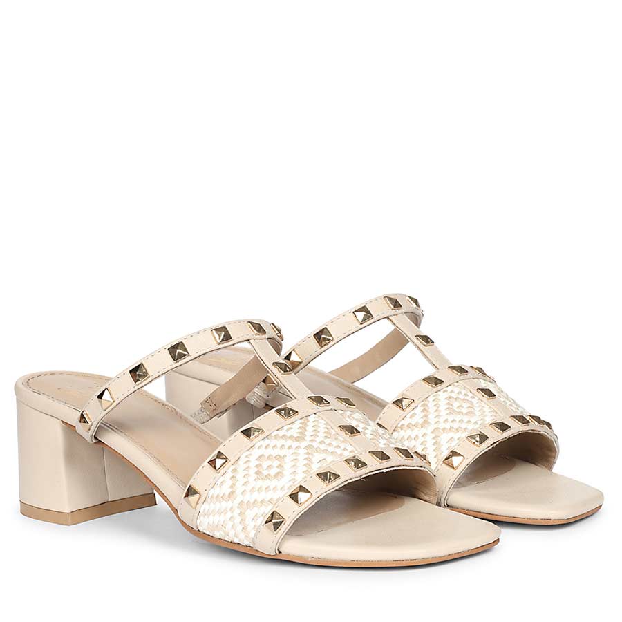 Saint Zafira Pyramid Stud Raffia Beige Leather Block Heels
