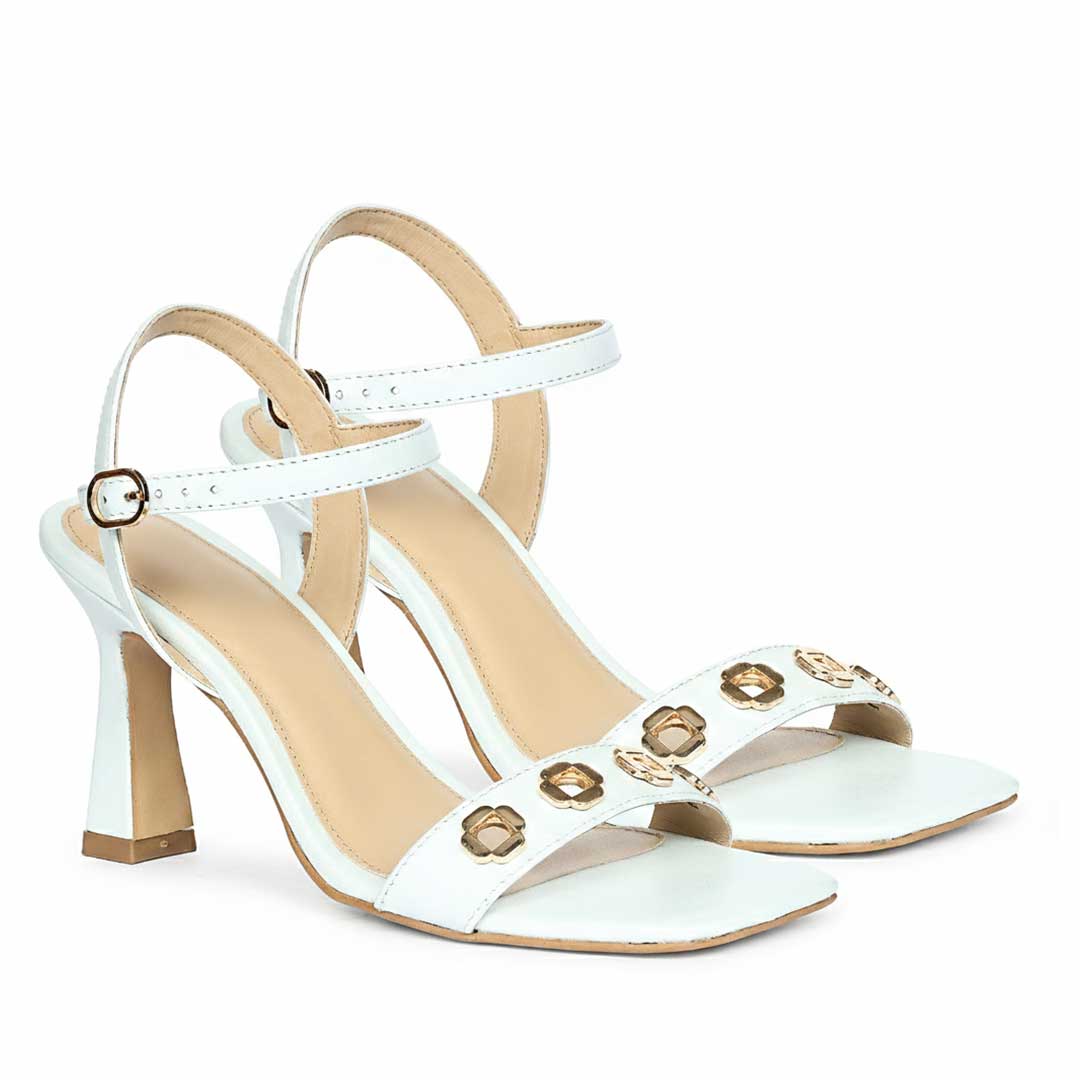 Saint Dahlia Gold Flower Eyelets Sky Leather Heels