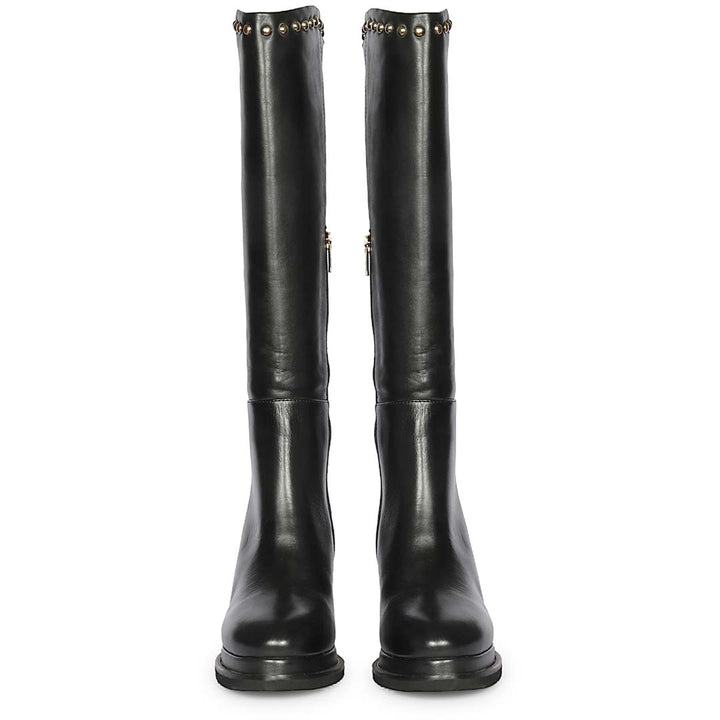 A pair of black leather knee-high boots with gold-tone rivet detailing around the top collar