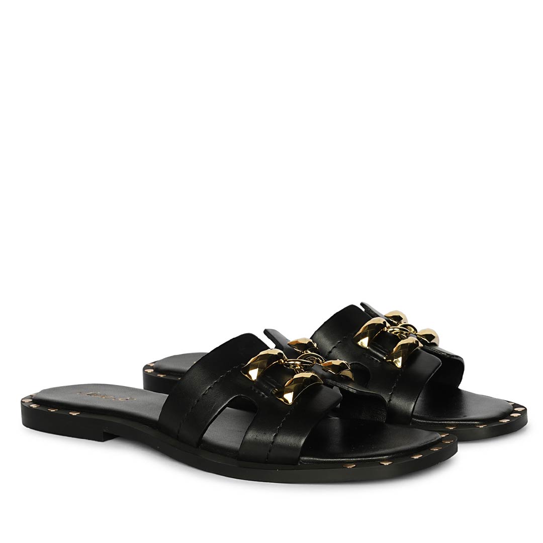 Saint Alaina Black Leather Slides