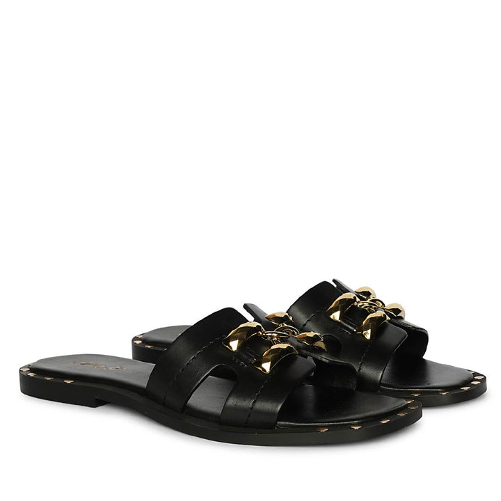Saint Alaina Black Leather Slides