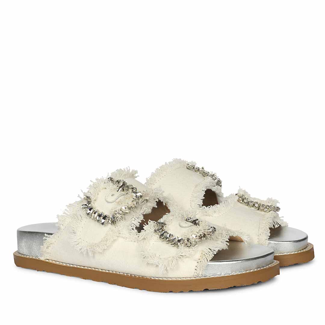 Saint Riviera Crystal Buckle White Denim Footbed Sandals