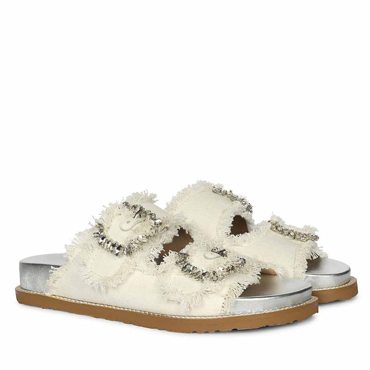 Saint Riviera Crystal Buckle White Denim Footbed Sandals