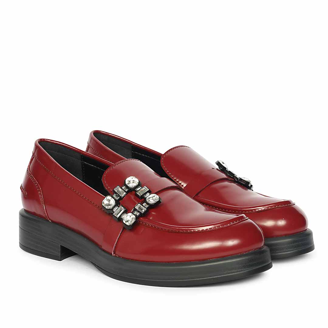 Saint Rue Crystal Buckle Cherry Abrasivato Leather Moccasins