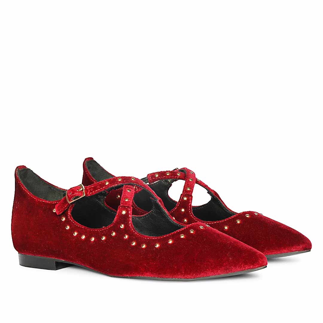 Saint Nivea Golden Studs Bordo Velvet Ballet Flats