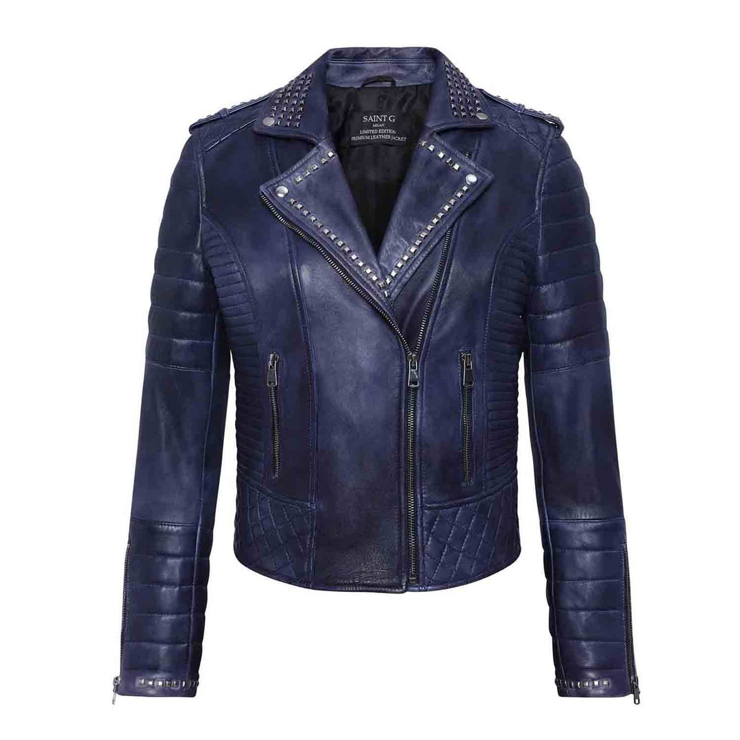 Saint Brielle Women Blue Leather Biker Style Jackets