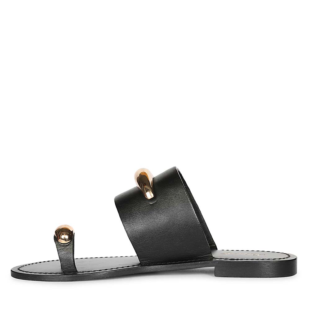 Saint Quinel Gold Metal Accents Black Leather Flats