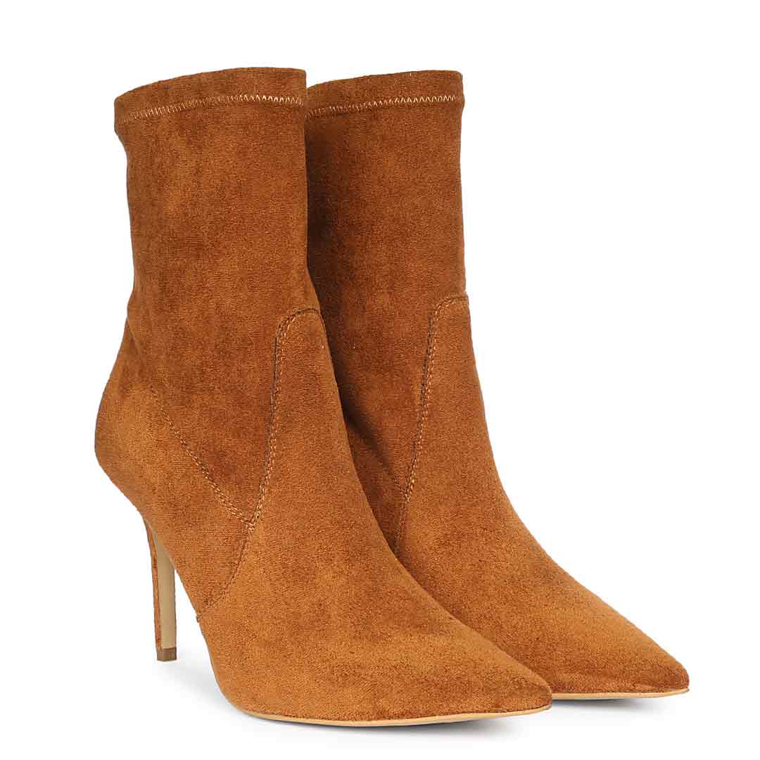 Saint Jaime Stretch Tan Suede Stiletto Heel Ankle Boots