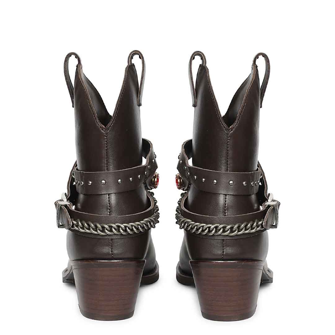 Saint Louanne Brown Leather Rhinestone Studded Décor Boots