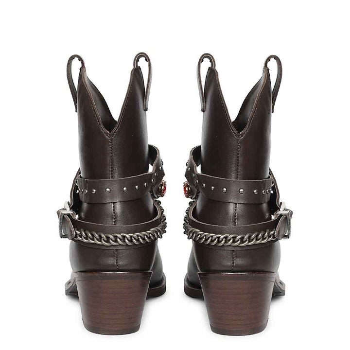 Saint Louanne Brown Leather Rhinestone Studded Décor Boots
