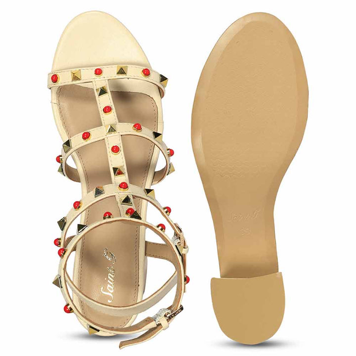 Saint Lucien Off White Leather Studded Gladiator Block Heels