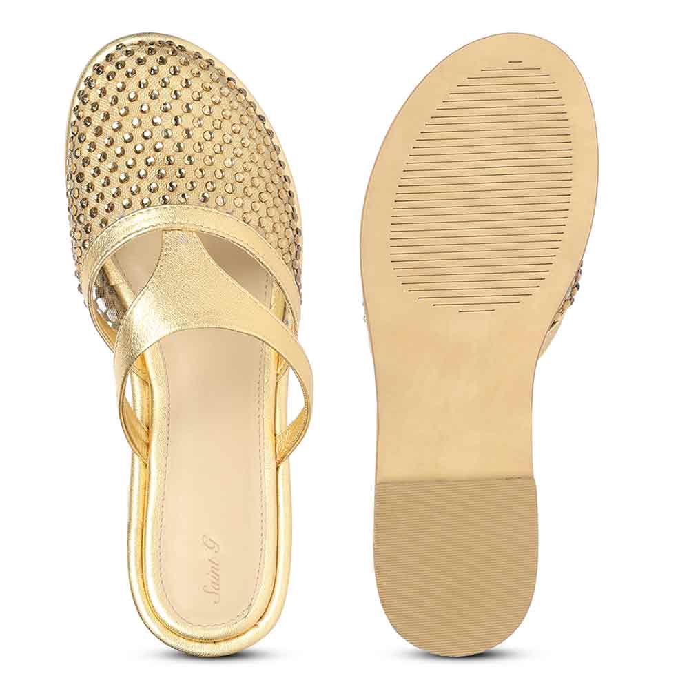 Saint Nerissa Crystal Mesh Gold Leather Mule Flats