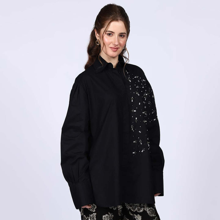 Saint Amelia Black Cotton Rhinestone Shirt