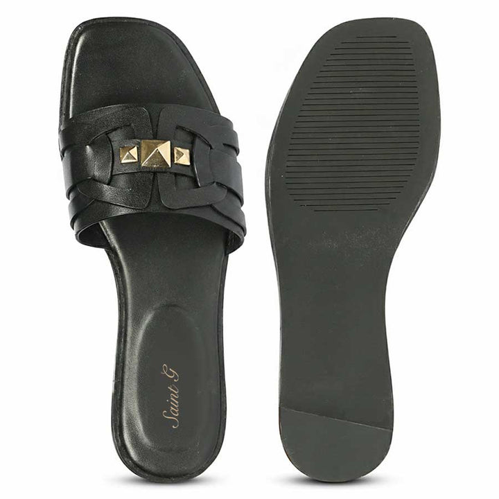 Saint Tyla Black Leather Pyramid Stud Slides