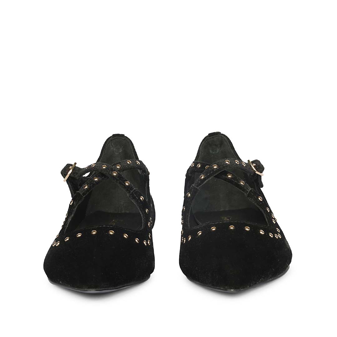 Saint Nivea Golden Studs Black Velvet Ballet Flats