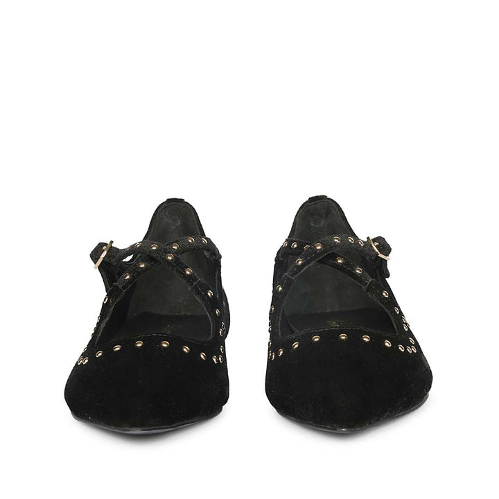 Saint Nivea Golden Studs Black Velvet Ballet Flats