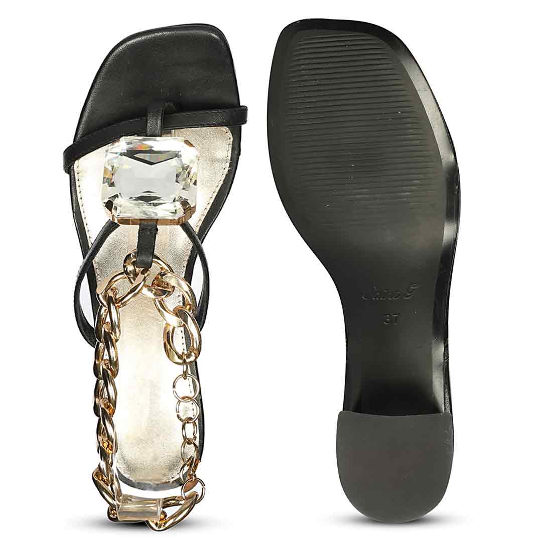 Saint Gaelle Black Leather Crystal Chain Block Heels