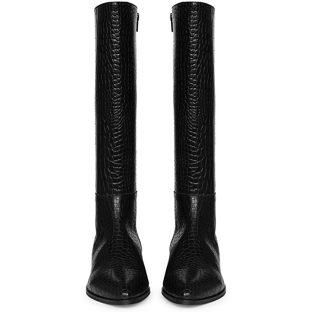 Saint Ada Black Vintage Croco-Embossed Knee-High Boots