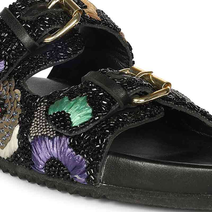 Saint Clio Hand Embroidered Black Leather Footbed Sandals