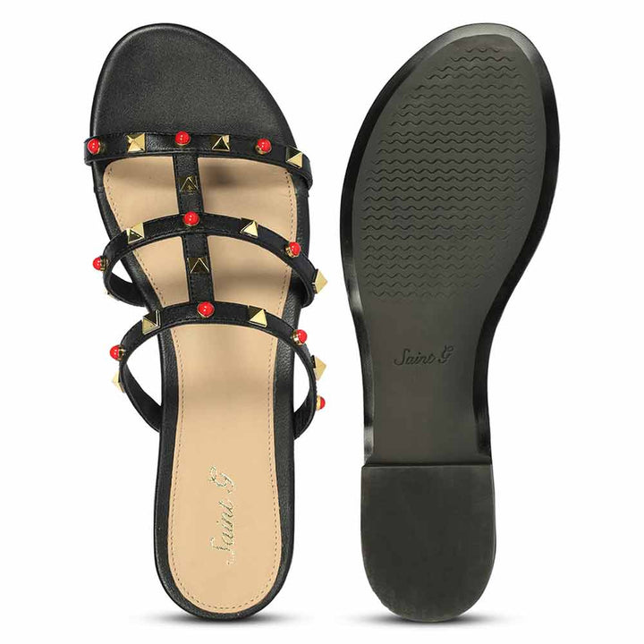 Saint Valene Studded Black Leather Flats