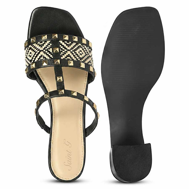 Saint Zafira Pyramid Stud Raffia Black Leather Block Heels
