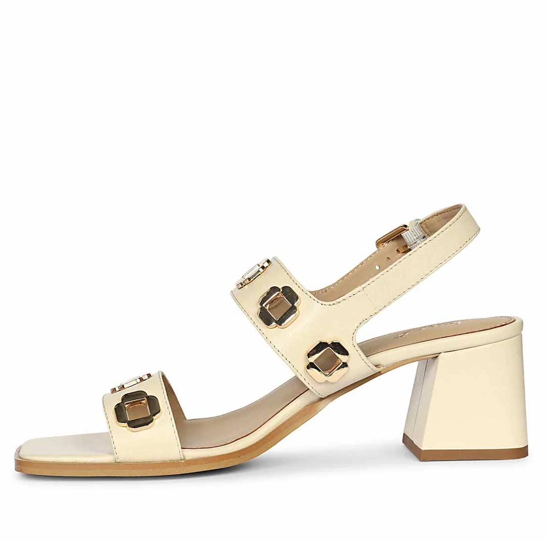 Saint Alviera Gold Flower Eyelets Off White Leather Block Heels