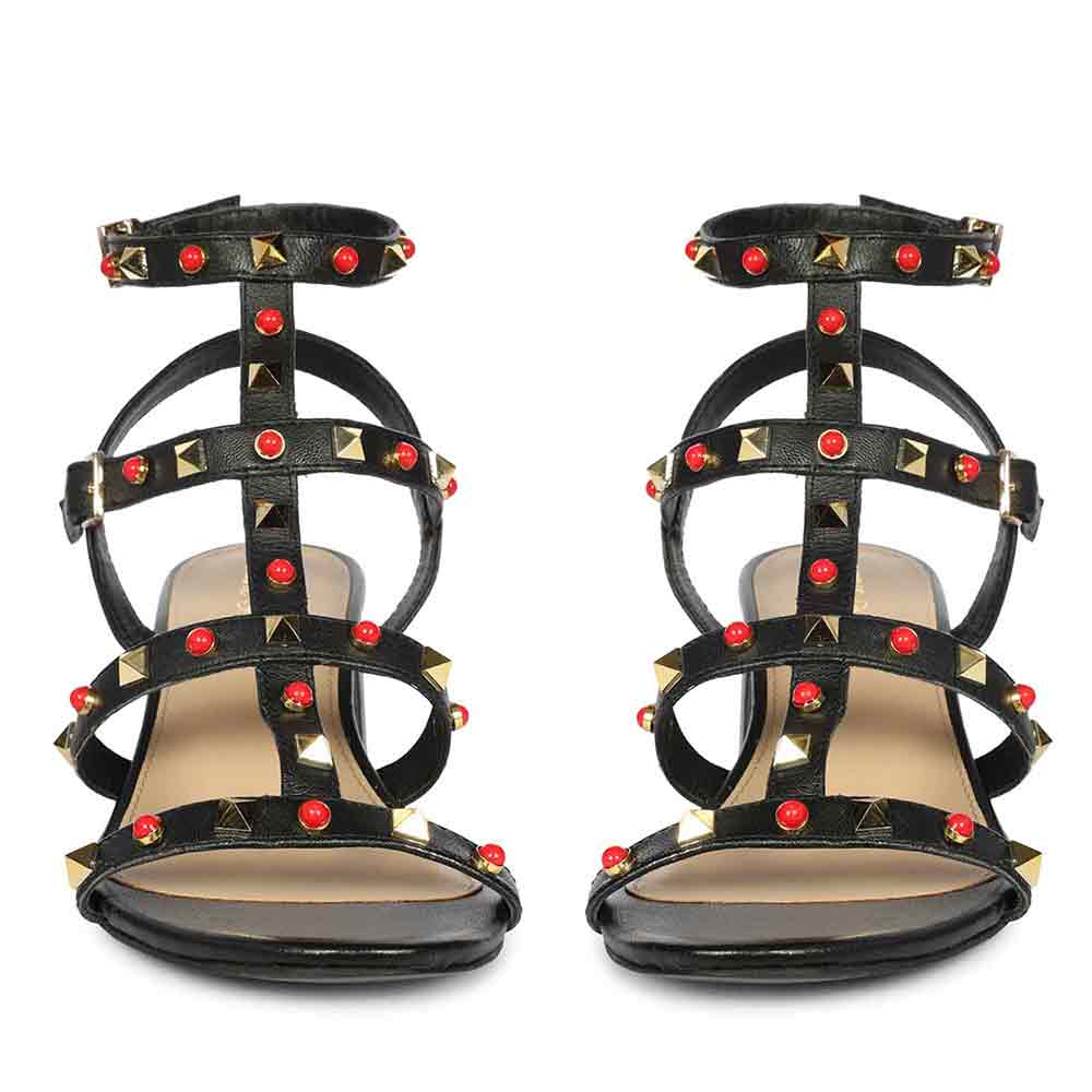 Saint Lucien Black Leather Studded Gladiator Block Heels