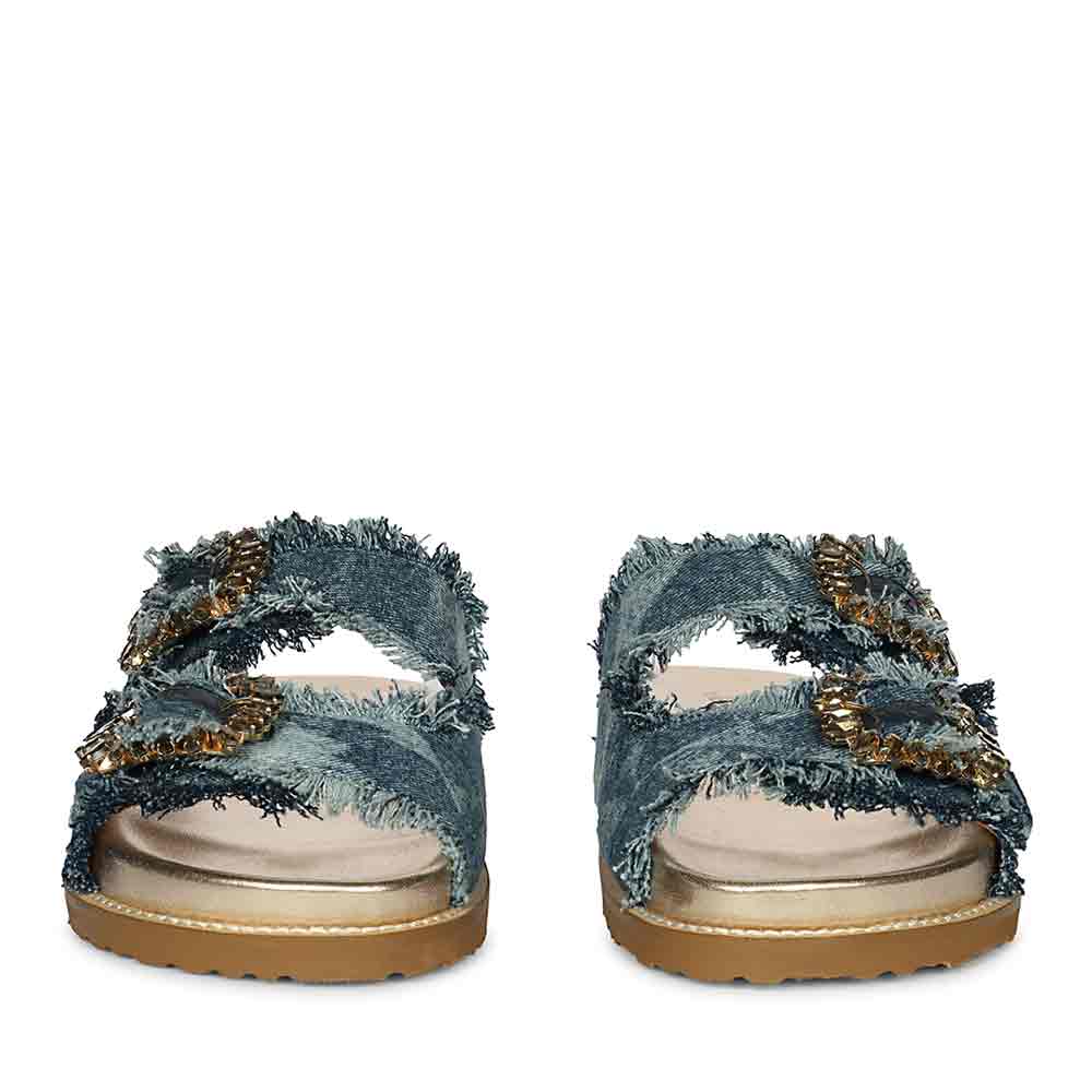 Saint Riviera Crystal Buckle Blue Denim Footbed Sandals