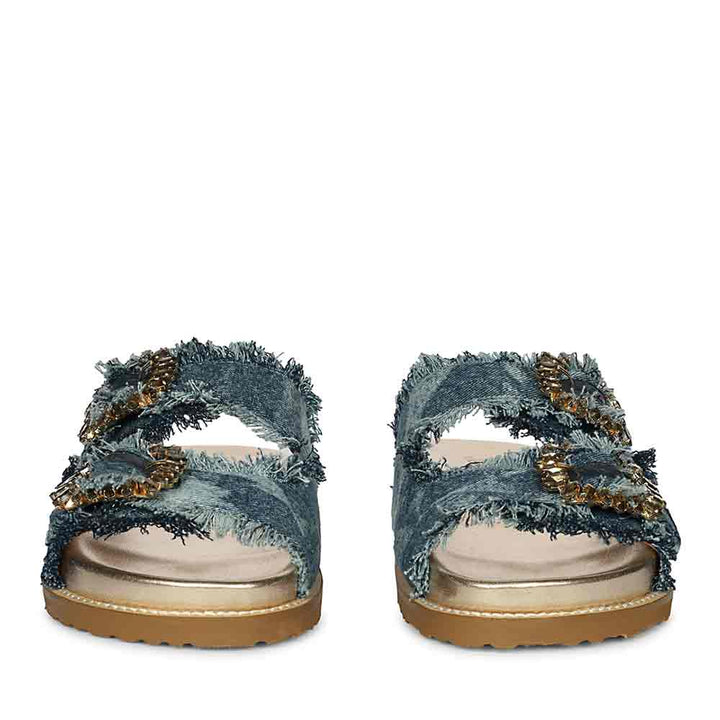 Saint Riviera Crystal Buckle Blue Denim Footbed Sandals