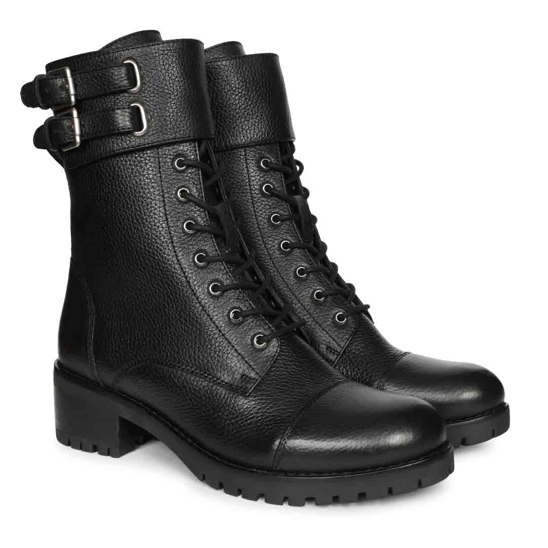 Saint Alba Black Crinkle Patent Leather Lace Up High Ankle Boots
