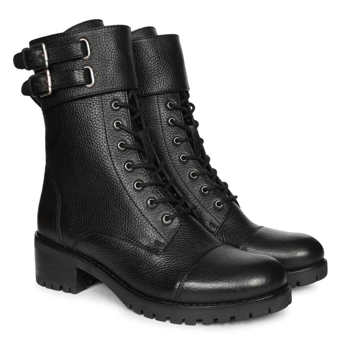 Saint Alba Black Crinkle Patent Leather Lace Up High Ankle Boots