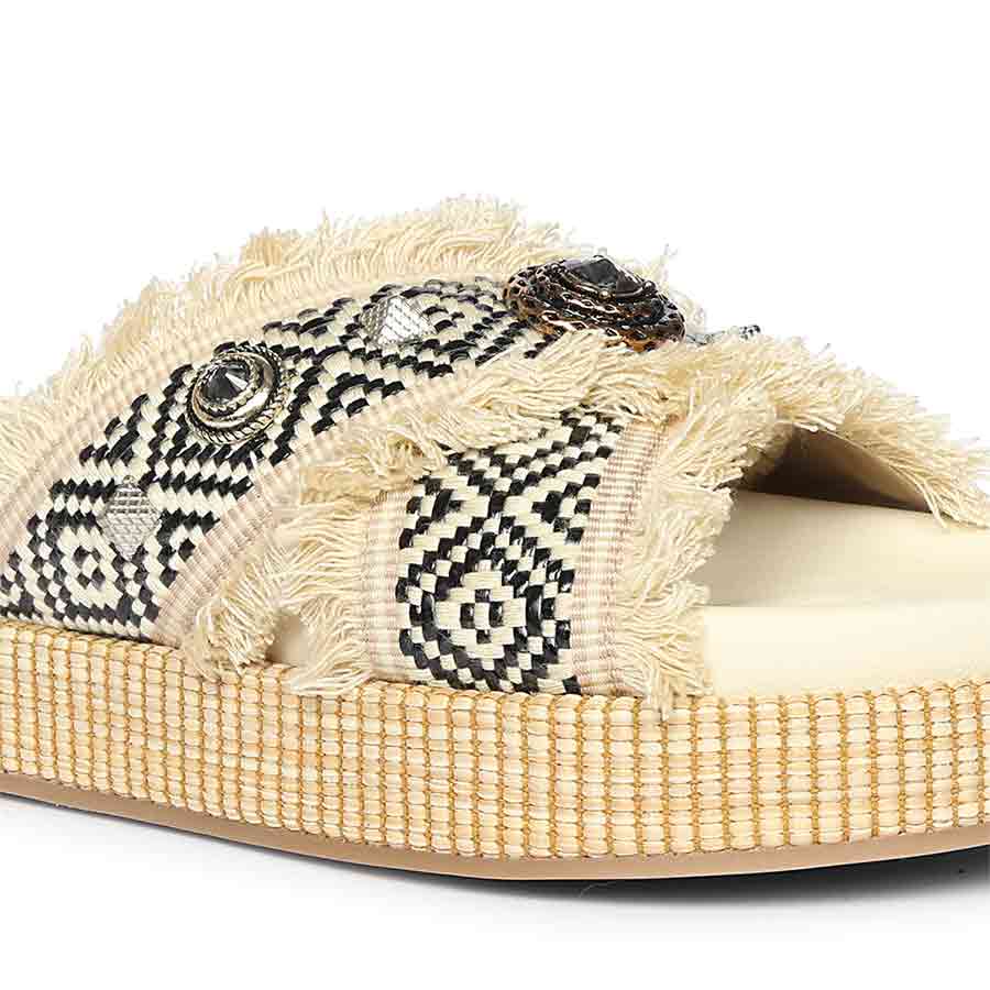 Saint Lenora Raffia Fringe Beige Leather Platform Sandals