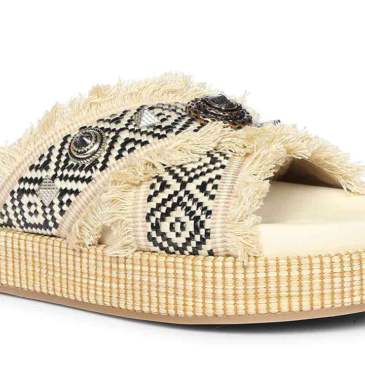 Saint Lenora Raffia Fringe Beige Leather Platform Sandals