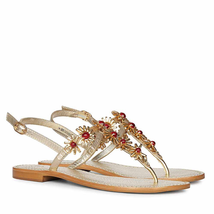 Saint Freesia Red Flower Gold Leather Sandals