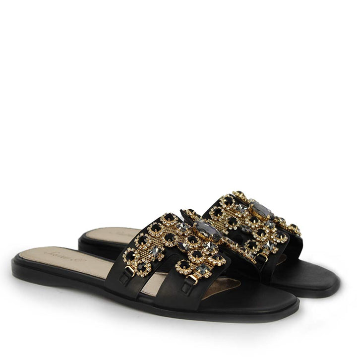 Saint Eileen Embroidered Stone Black Leather Slides