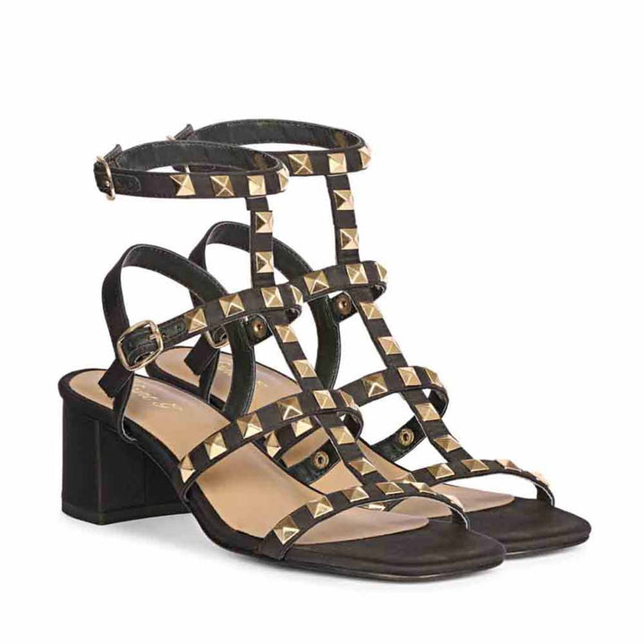 Saint Angela Metal Studded Double Buckle Black Heels