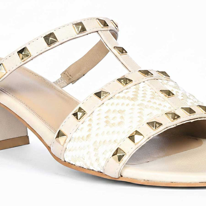 Saint Zafira Pyramid Stud Raffia Beige Leather Block Heels