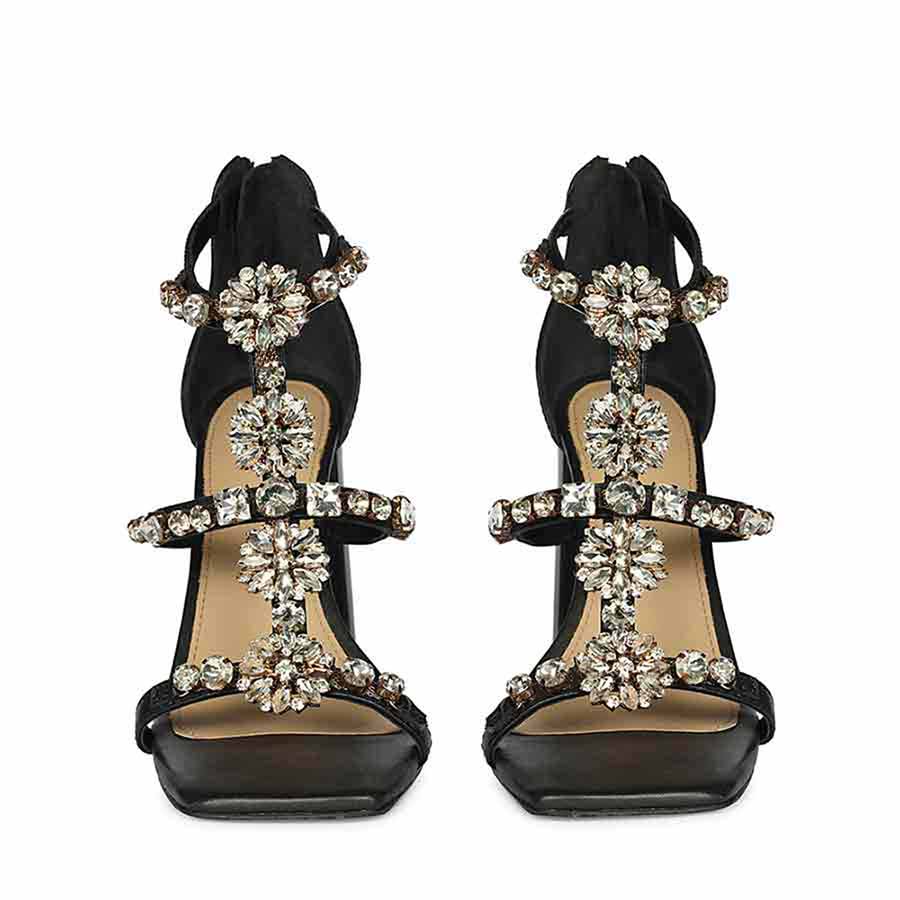 Saint Holly Crystal Stone Black Leather Block Heels