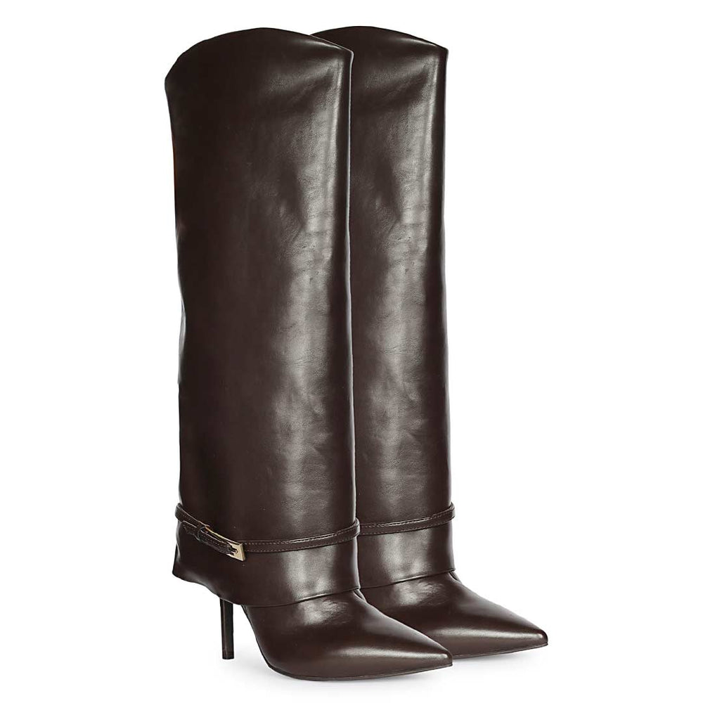 A pair of dark brown leather knee-high boots with pointed toes and slim stiletto heels