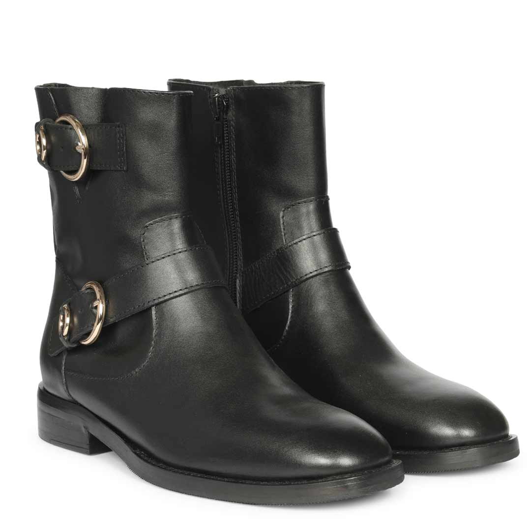 Saint Petra Double Buckle Black Leather High Ankle Boots