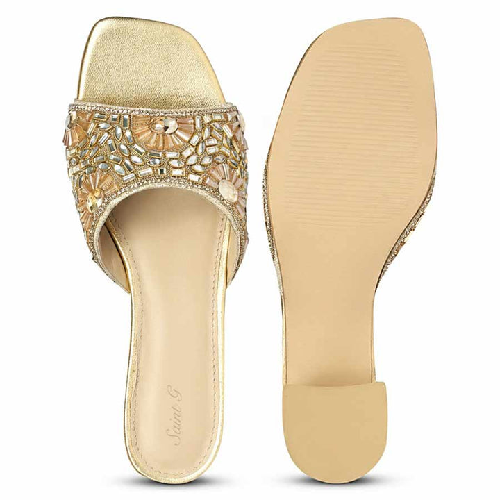 Saint Torin Embroidered Metallic Gold Leather Heels