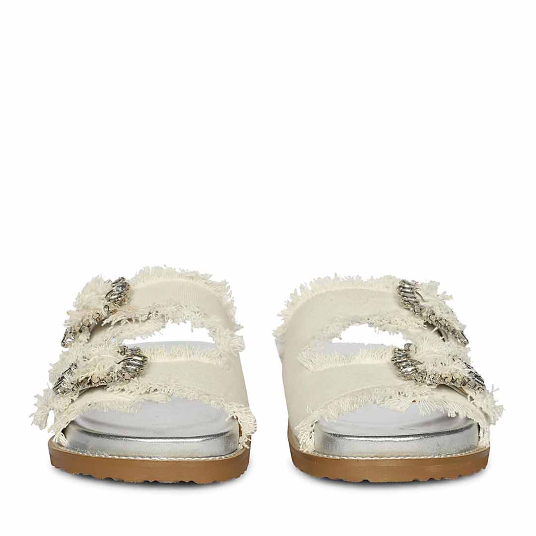 Saint Riviera Crystal Buckle White Denim Footbed Sandals