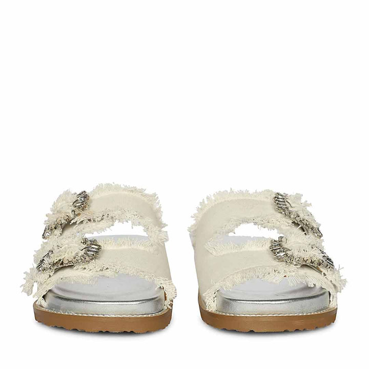 Saint Riviera Crystal Buckle White Denim Footbed Sandals