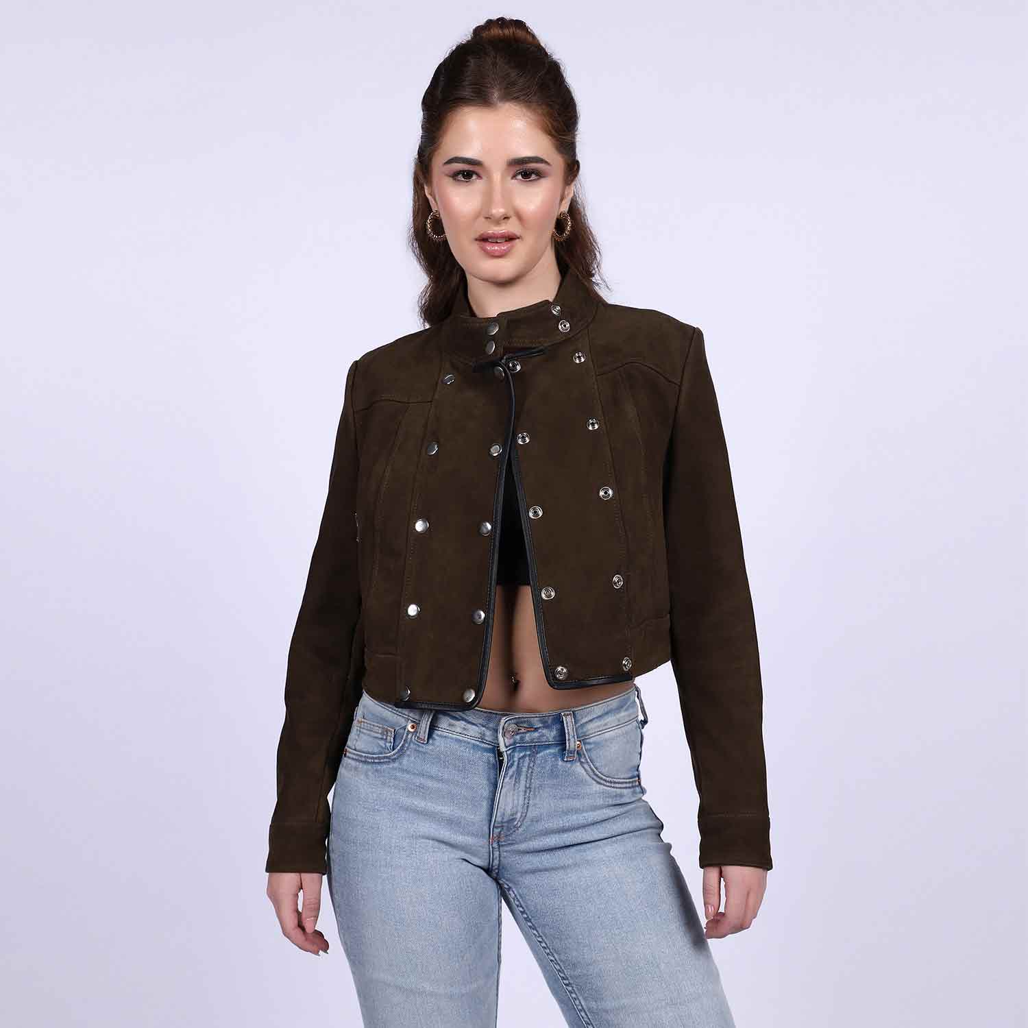 Buy Alora Olive Suede Leather Women Collar Jacket Online – SaintG India