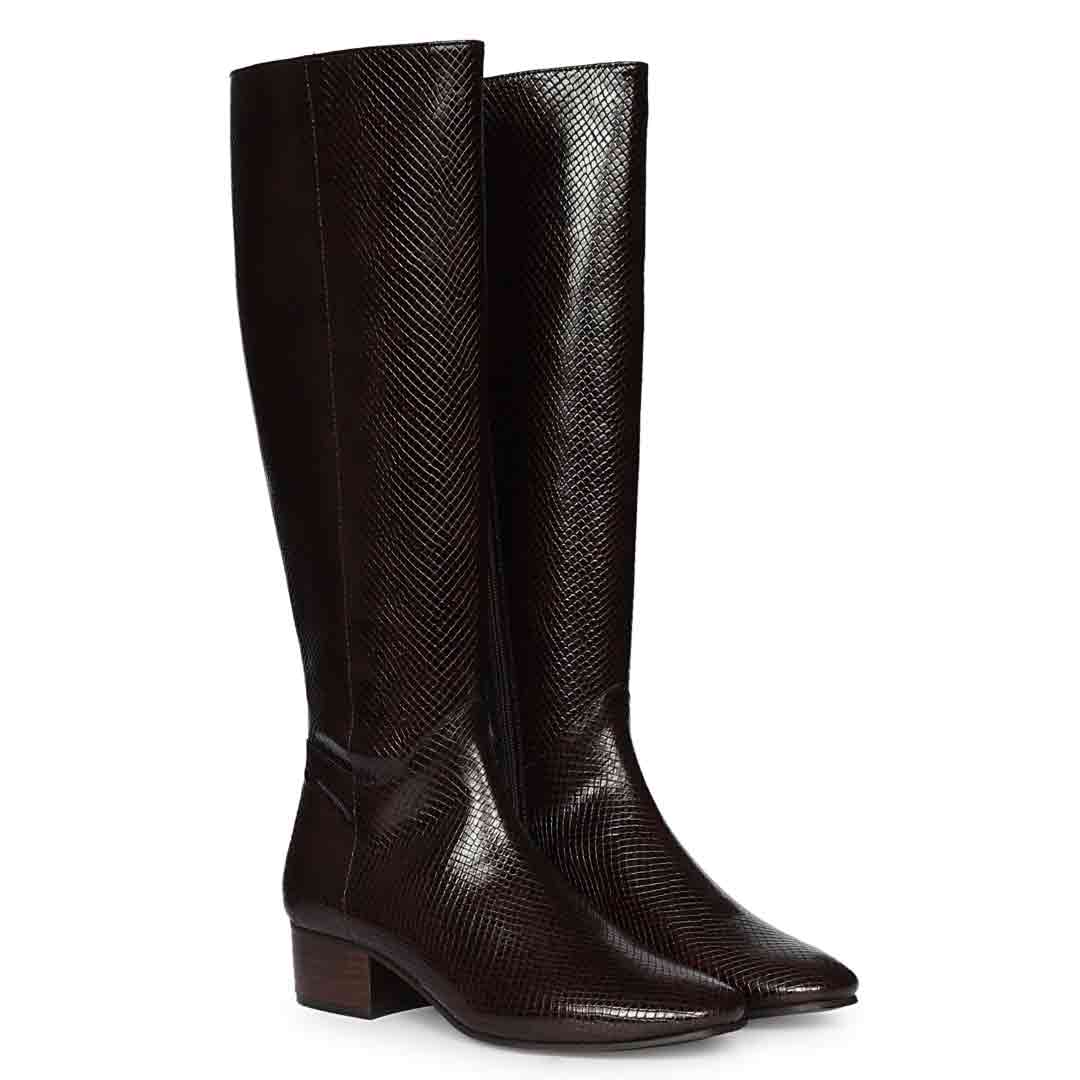Saint Ivyanna Brown Snake-Embossed Knee High Boots