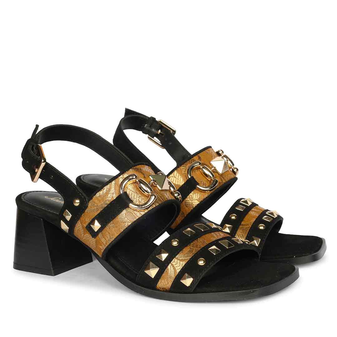 Saint Edie Embellished Metallic Black Leather Block Heel