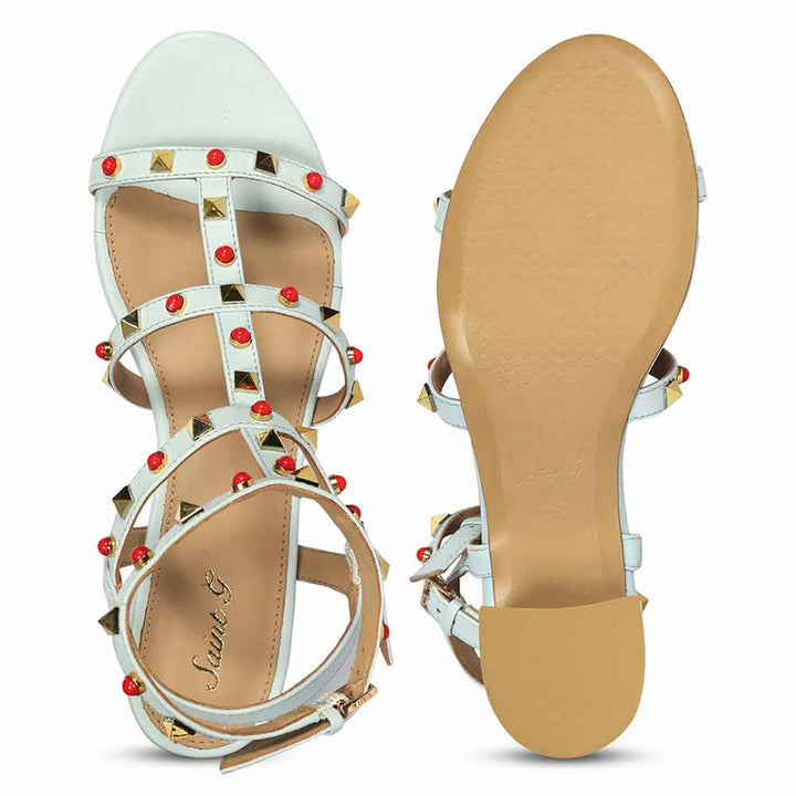 Saint Lucien Sky Blue Leather Studded Gladiator Block Heels