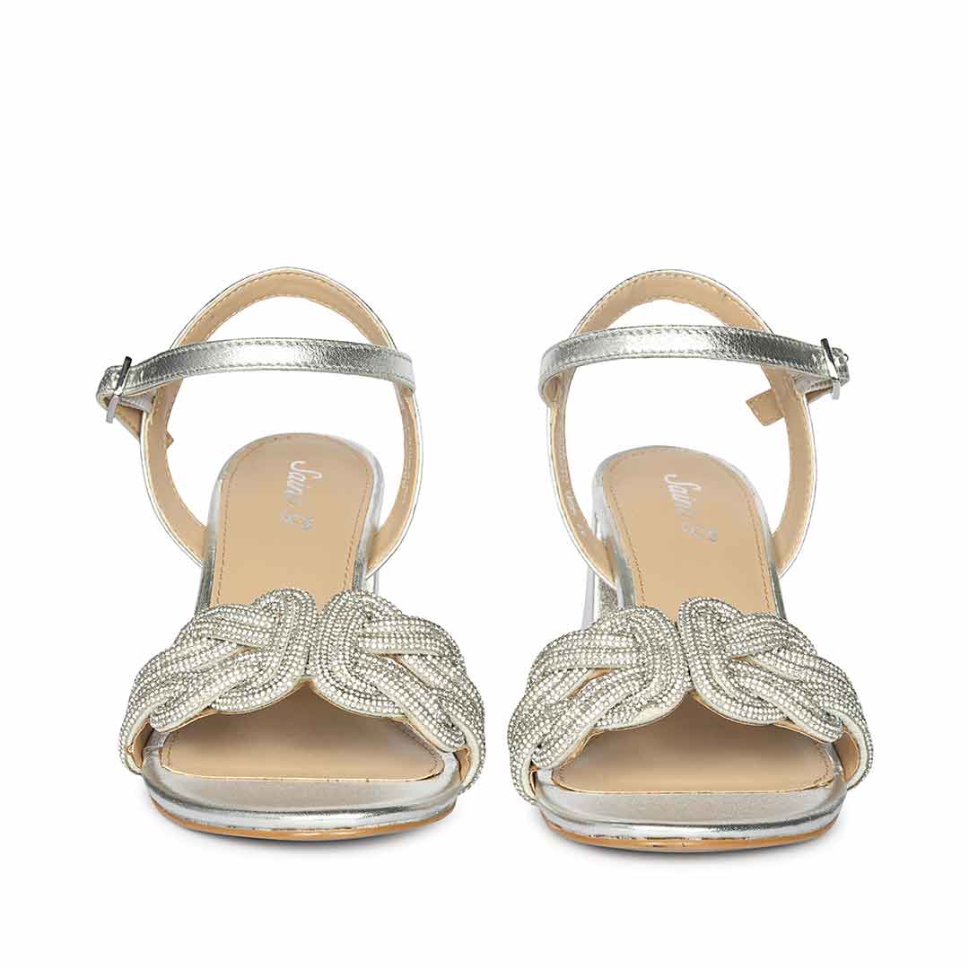 Saint Celeste Knot Embellished Silver Metallic Leather Heels