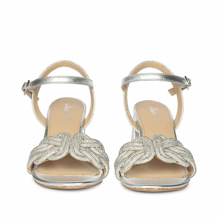 Saint Celeste Knot Embellished Silver Metallic Leather Heels